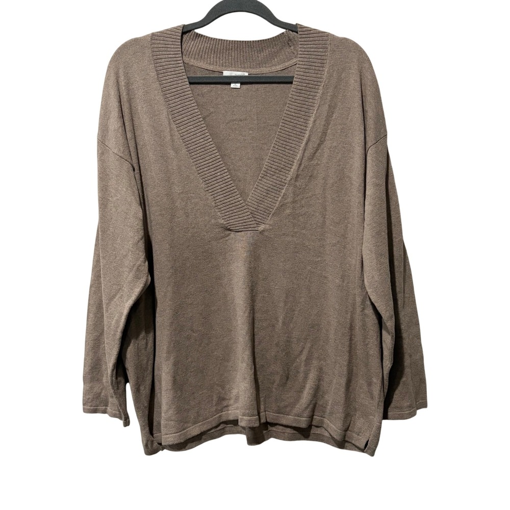 Pure Jill V-Neck Sweater Womens XL Petite Brown Cotton Cashmere Knit Minimalist